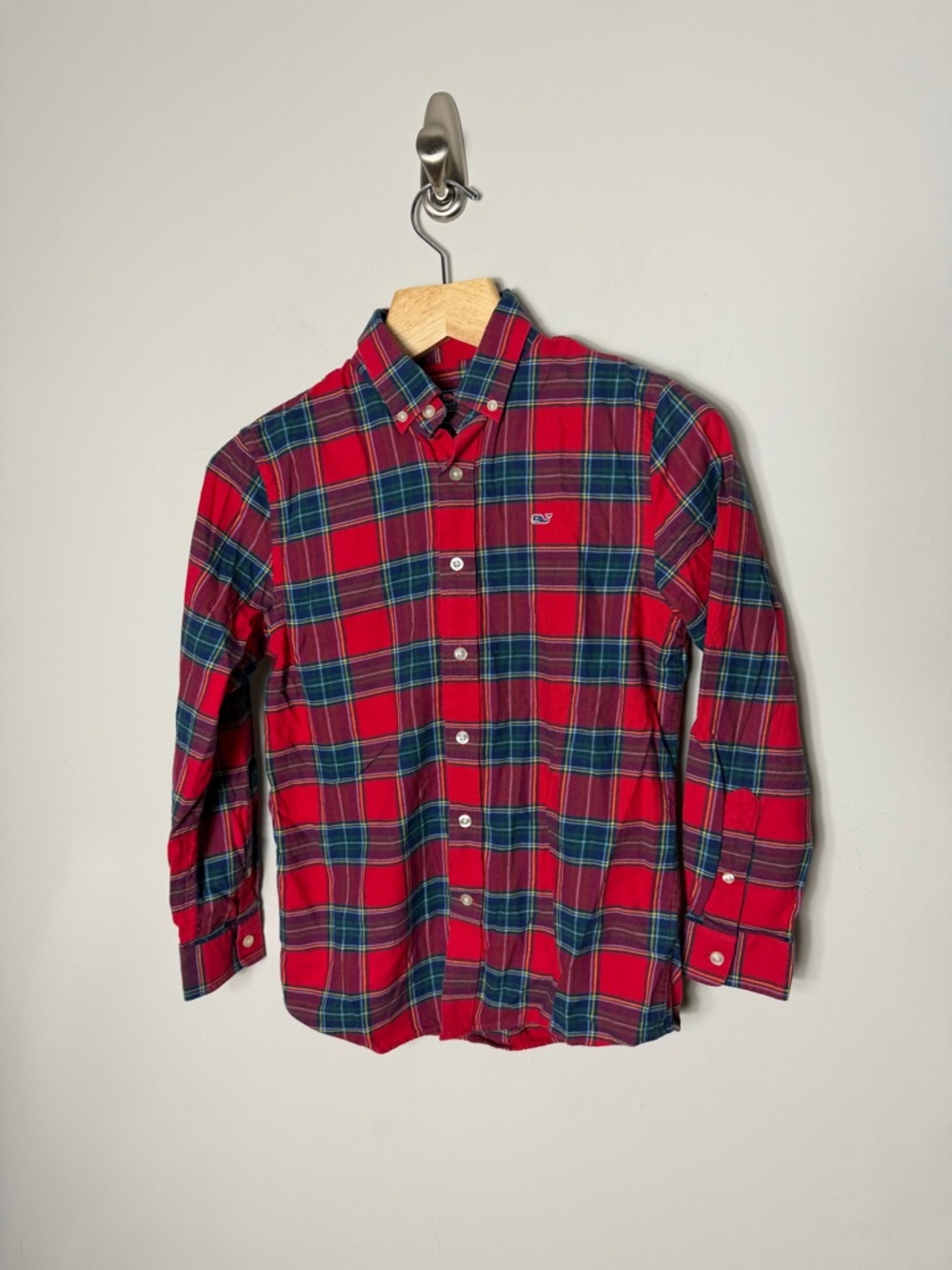 Vineyard Vines Boys Whale Shirt Cotton Flannel Red Plaid Size 12-14